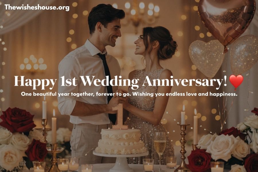 1st Happy Wedding Anniversary Wishes 1st Happy Wedding Anniversary Wishes image featuring a couple celebrating their first wedding anniversary with a romantic message