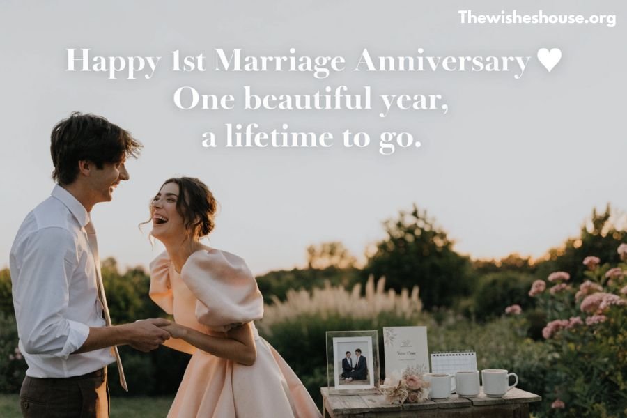 1st Marriage Anniversary Wishes for Husband 1st Marriage Anniversary Wishes for Husband image featuring a couple celebrating their first wedding anniversary in a romantic garden