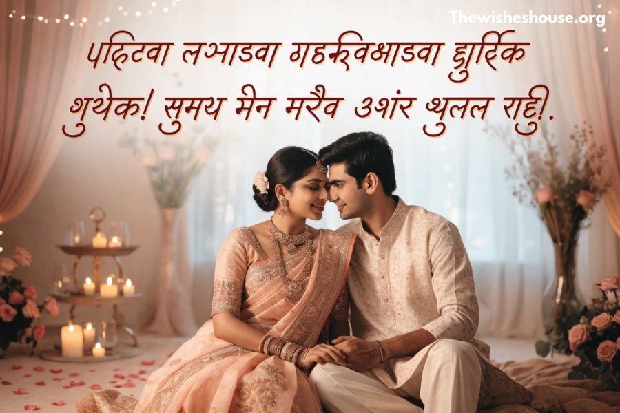 1st Wedding Anniversary Wishes in Marathi image featuring a romantic Marathi wish with a newly married Indian couple celebrating their first anniversary.