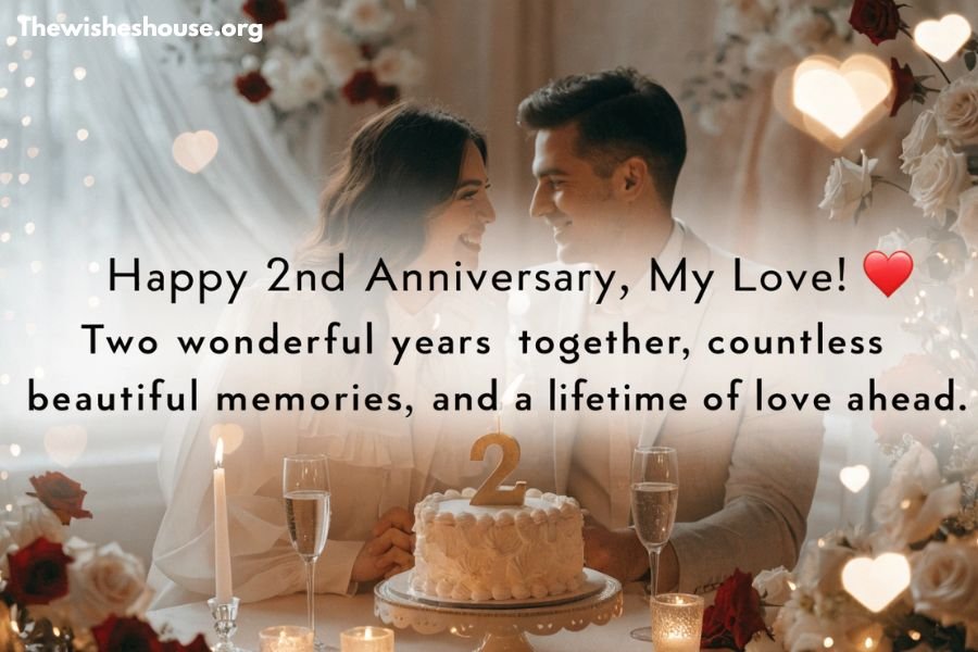2nd Anniversary Wishes for Husband 2nd Anniversary Wishes for Husband image featuring a couple celebrating their second anniversary with a romantic message