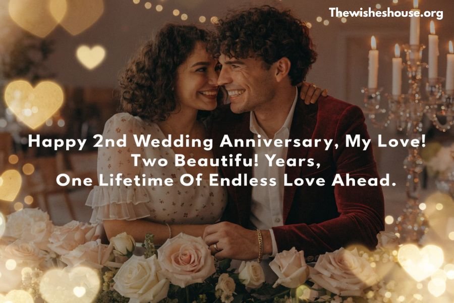 2nd wedding anniversary wishes for wife with a romantic anniversary message and happy married couple.