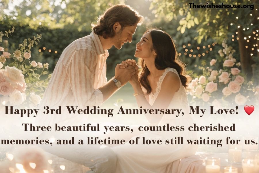 3rd Wedding Anniversary Wishes for Wife 3rd Wedding Anniversary Wishes for Wife image featuring a married couple celebrating three years of love with a romantic anniversary message