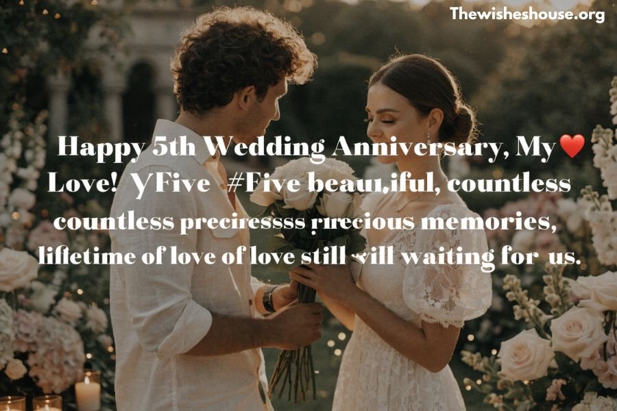 5th Wedding Anniversary Wishes for Husband image featuring a married couple celebrating five years of love with a romantic anniversary message