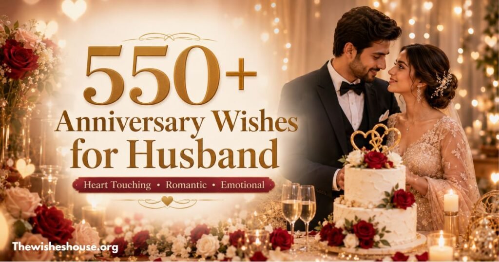 550+ Anniversary Wishes for Husband featured image with a romantic couple celebrating their wedding anniversary