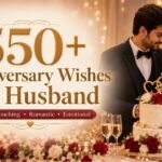 550+ Anniversary Wishes for Husband featured image with a romantic couple celebrating their wedding anniversary
