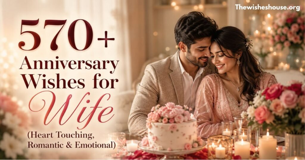 570+ Anniversary Wishes for Wife featuring a romantic couple celebrating their wedding anniversary together