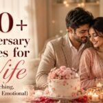 570+ Anniversary Wishes for Wife featuring a romantic couple celebrating their wedding anniversary together