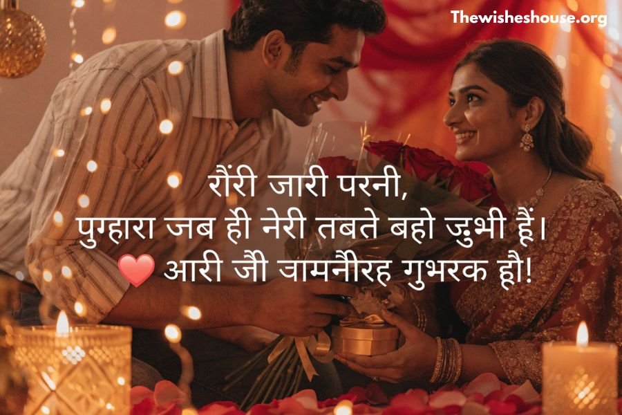 Anniversary Wishes in Hindi for Wife image with a husband wishing his wife on their wedding anniversary in Hindi