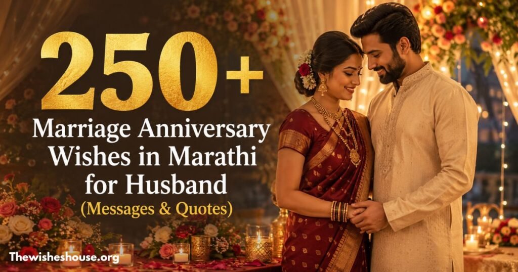 250+ Marriage Anniversary Wishes in Marathi for Husband feature image showing a romantic couple celebrating their anniversary with messages and quotes.