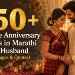 250+ Marriage Anniversary Wishes in Marathi for Husband feature image showing a romantic couple celebrating their anniversary with messages and quotes.