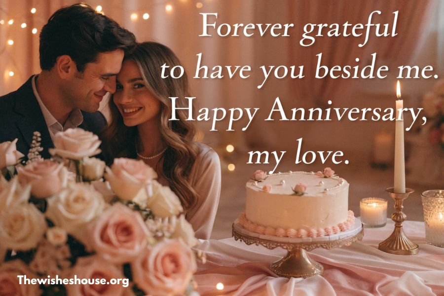 Romantic anniversary wish for wife with a loving couple celebrating their wedding anniversary