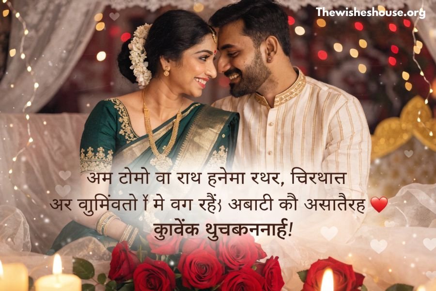 Best Anniversary Wishes in Hindi image with a romantic Indian couple and a beautiful Hindi anniversary wish