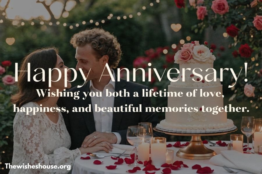 Best Happy Anniversary Wishes for Couple Romantic anniversary image featuring a happy couple celebrating with a heartfelt anniversary wish, flowers, rings, and candles