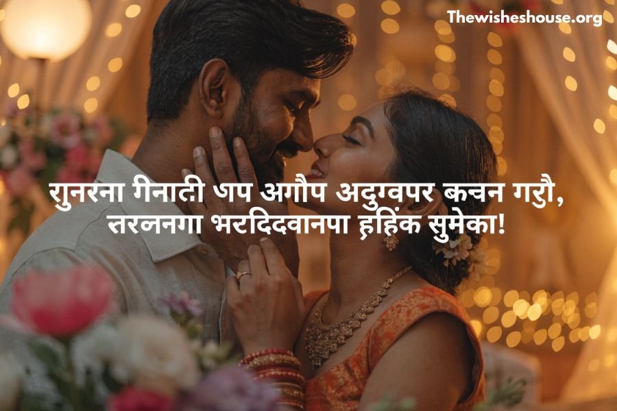 Romantic Marathi anniversary wish displayed with a happy couple celebrating wedding anniversary