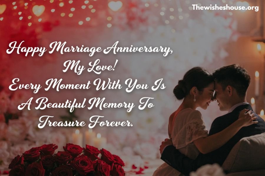 Best marriage anniversary wishes for wife with a romantic anniversary quote and loving married couple.