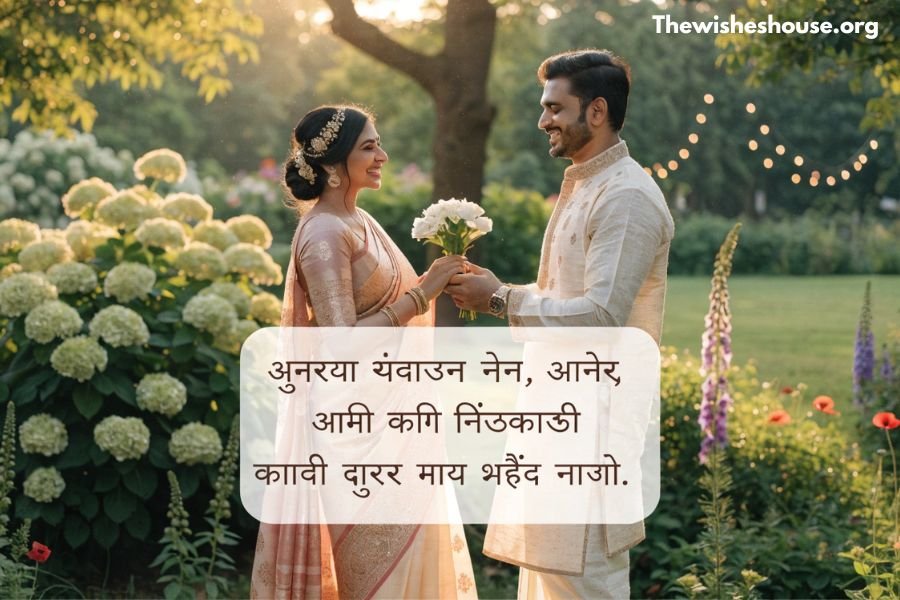 Best Marriage Anniversary Wishes in Marathi image featuring a romantic Marathi anniversary wish and a happy Indian couple celebrating together.