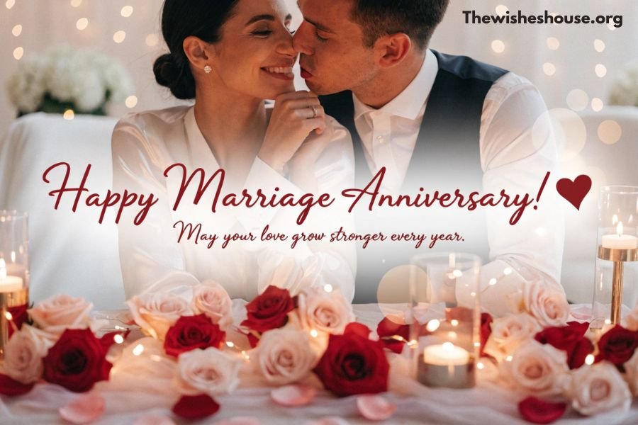 Heartfelt marriage anniversary wish displayed on a romantic celebration background with a happy couple.