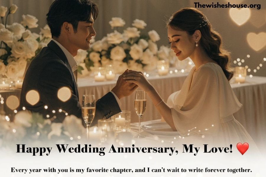 Best Wedding Anniversary Wishes for Husband image featuring a loving wife celebrating her wedding anniversary with her husband and a romantic anniversary message