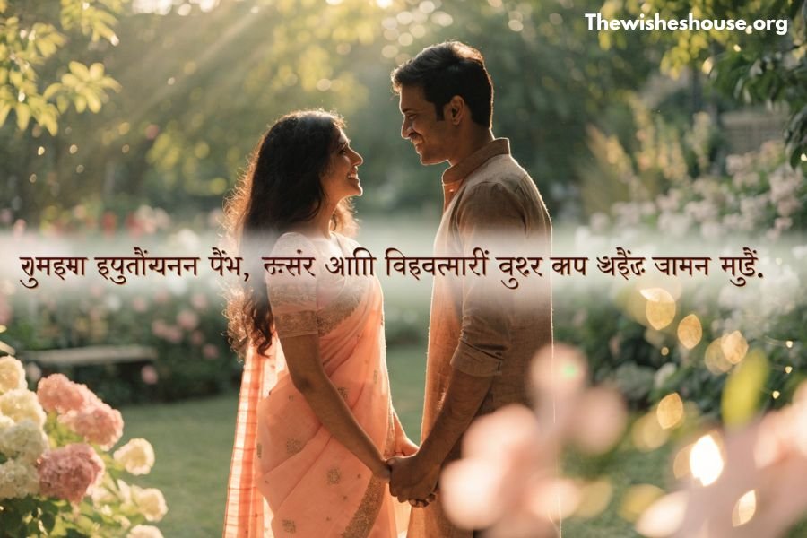 Best Wedding Anniversary Wishes in Marathi image featuring a romantic Marathi anniversary wish with a happy Indian couple celebrating together.