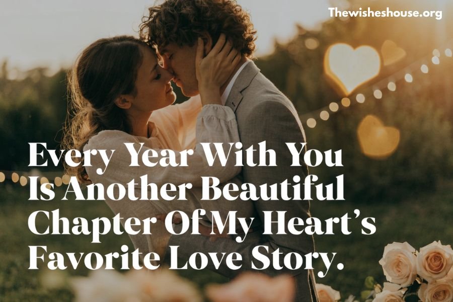 Emotional happy anniversary wishes for wife with a heartfelt anniversary message on a romantic couple background.