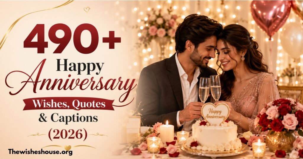 Happy Anniversary Wishes, Quotes and Captions featured image with a romantic couple celebrating their wedding anniversary