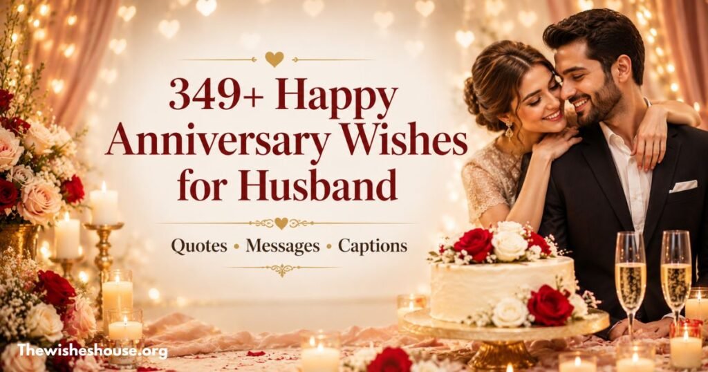 349+ Happy Anniversary Wishes for Husband featured image with a romantic couple celebrating their wedding anniversary