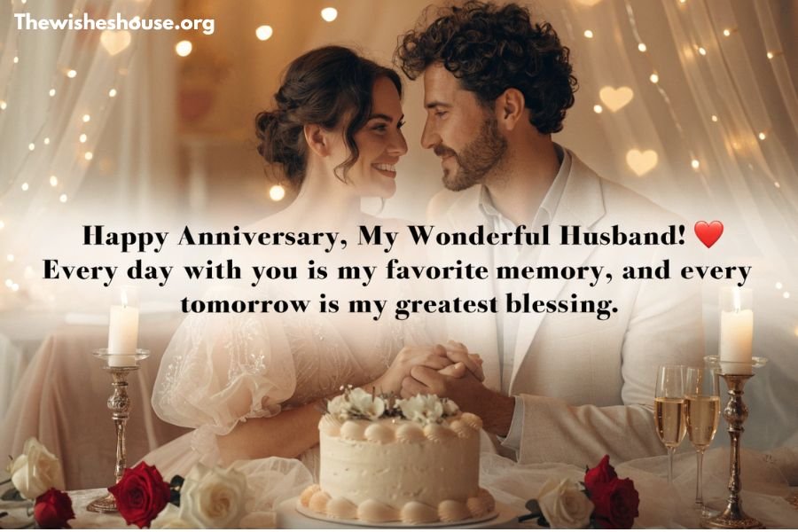 Happy Anniversary Wishes for Husband Happy Anniversary Wishes for Husband image featuring a romantic couple celebrating their wedding anniversary