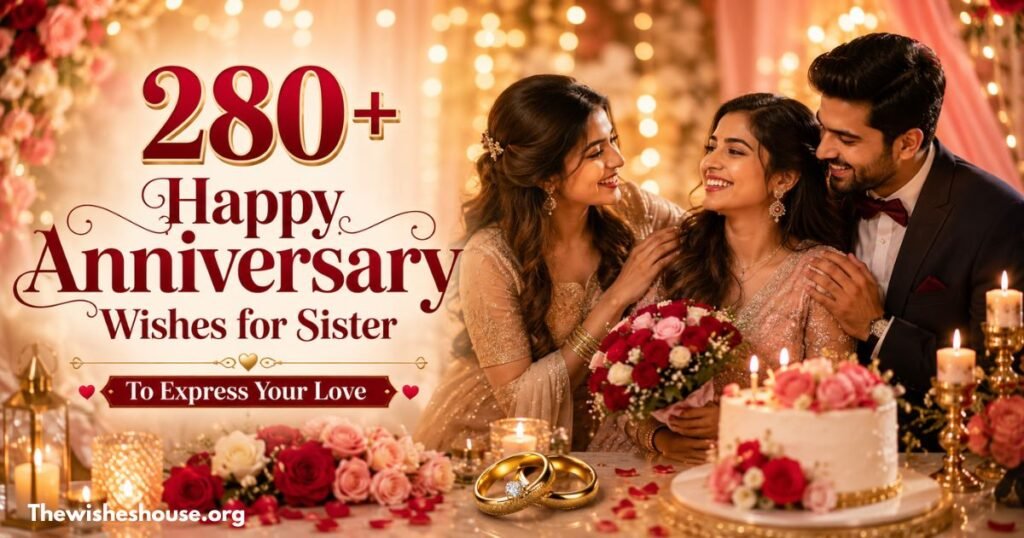 280+ Happy Anniversary Wishes for Sister featuring a loving anniversary celebration with sister, brother-in-law, flowers, cake, and romantic decorations