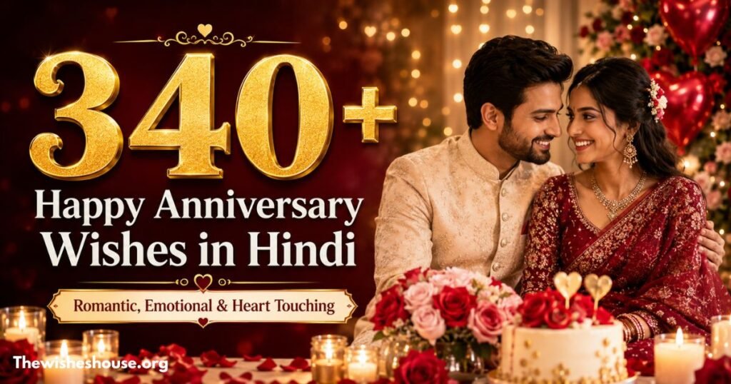 340+ Happy Anniversary Wishes in Hindi thumbnail featuring a romantic Indian couple celebrating their wedding anniversary