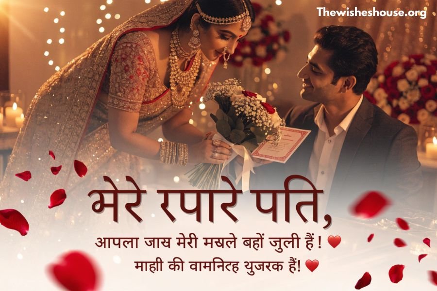 Happy Anniversary Wishes in Hindi for Husband image with a wife wishing her husband on their wedding anniversary in Hindi