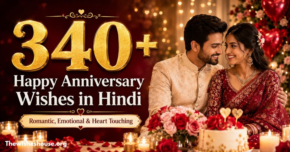 340+ Happy Anniversary Wishes in Hindi thumbnail featuring a romantic Indian couple celebrating their wedding anniversary