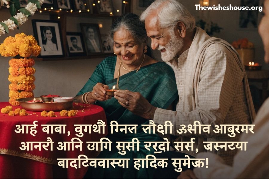 Happy Anniversary Marathi wish for Aai Baba with an elderly couple celebrating their wedding anniversary