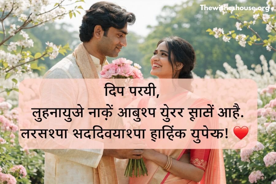 Happy Anniversary Wishes in Marathi for Wife image featuring a happy Indian couple with a romantic Marathi anniversary wish.