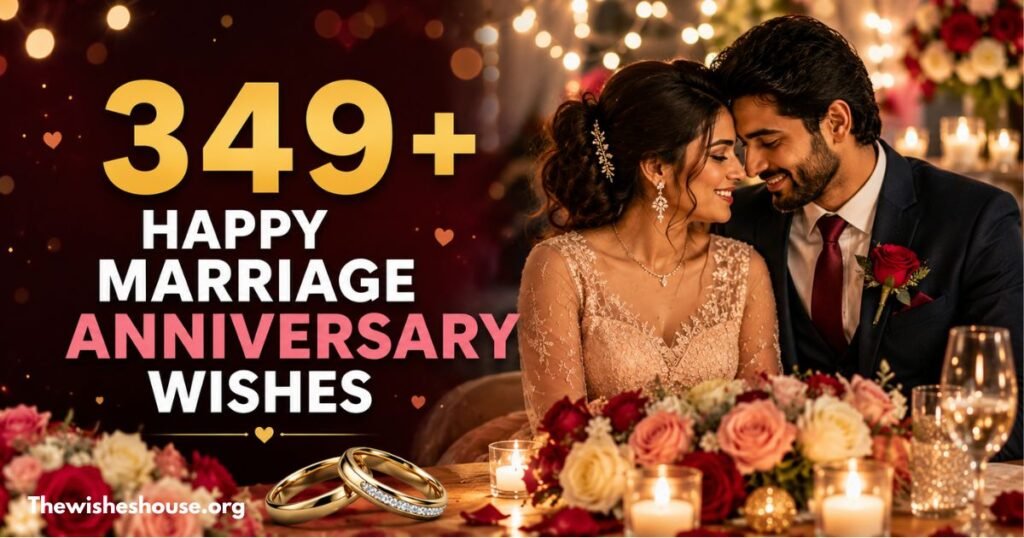 349+ Happy Marriage Anniversary Wishes feature image with a romantic couple celebrating love
