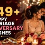 349+ Happy Marriage Anniversary Wishes feature image with a romantic couple celebrating love