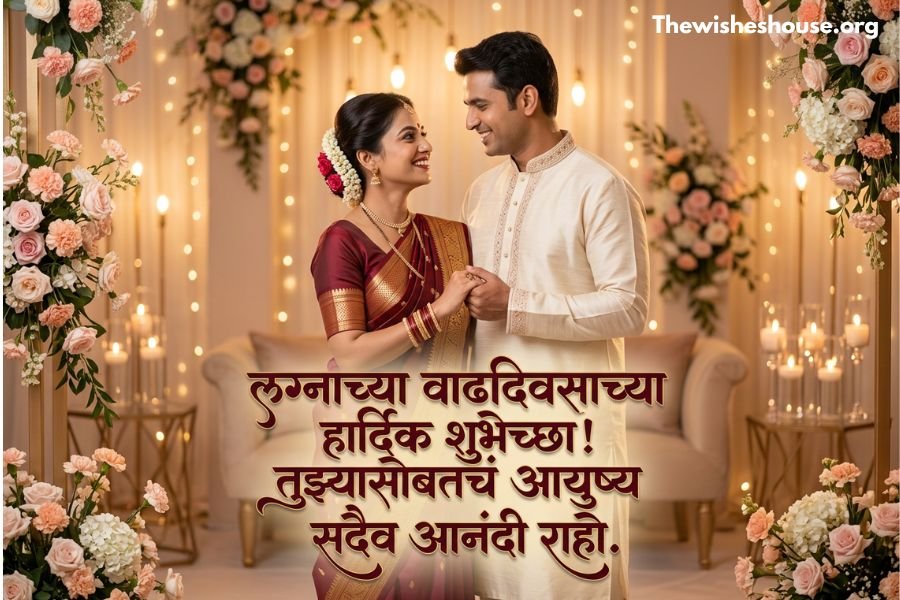 Happy Marriage Anniversary Wishes in Marathi for Husband image featuring a joyful Marathi anniversary wish with a happy Indian couple.