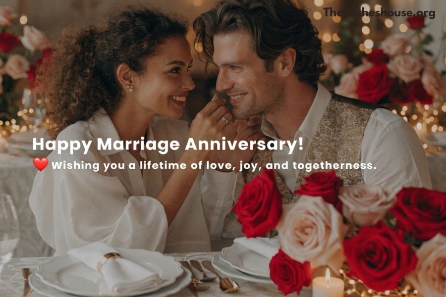 Happy Marriage Anniversary wish image with a romantic couple celebrating their wedding anniversary