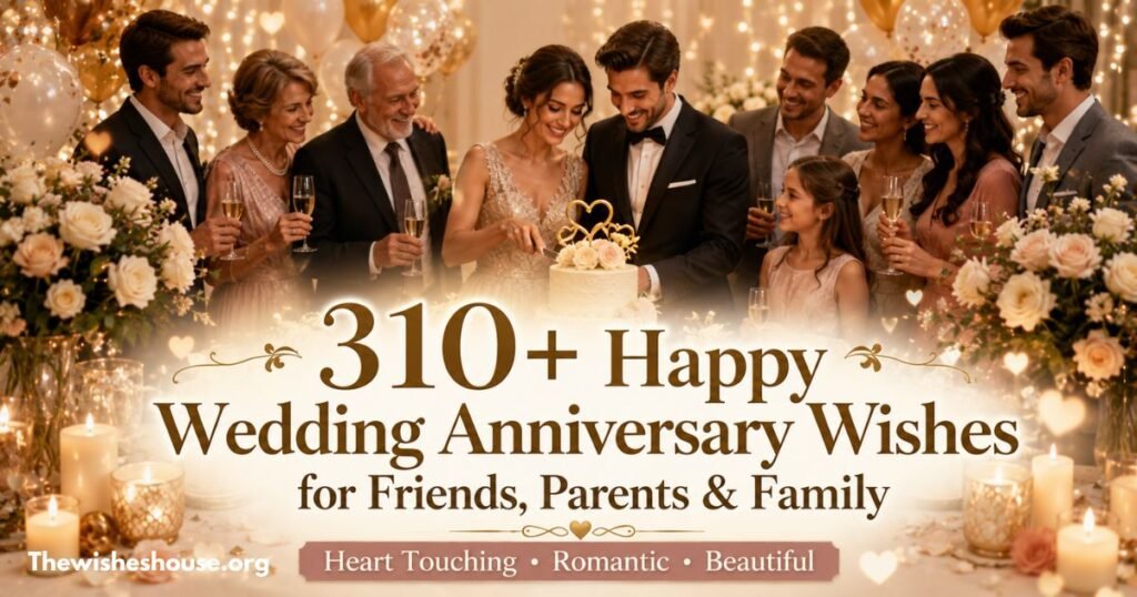310+ Happy Wedding Anniversary Wishes for Friends, Parents and Family featured image with a joyful family anniversary celebration