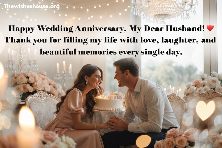 Happy Wedding Anniversary Wishes for Husband Happy Wedding Anniversary Wishes for Husband image featuring a wife celebrating a romantic anniversary with her husband