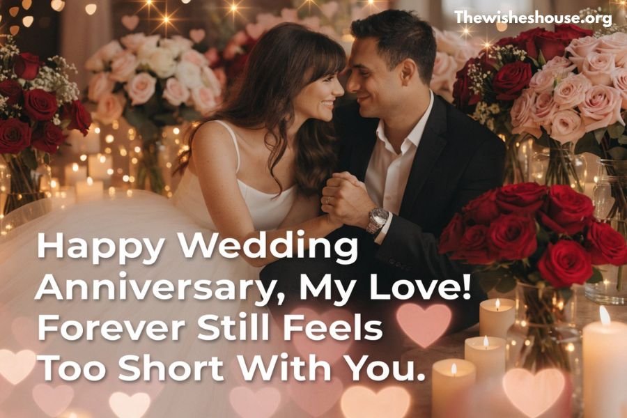 Happy wedding anniversary wishes for wife with a romantic anniversary message on a loving couple background.
