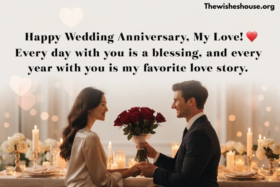 Happy Wedding Anniversary Wishes for Wife Happy Wedding Anniversary Wishes for Wife image featuring a husband celebrating his wedding anniversary with his loving wife
