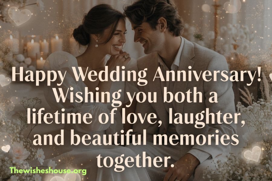 Happy Wedding Anniversary Wishes Happy wedding anniversary wishes image featuring a romantic couple and a heartfelt anniversary wish in bold text