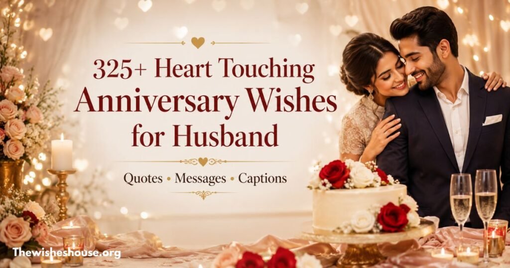 325+ Heart Touching Anniversary Wishes for Husband featured image with a romantic couple celebrating their wedding anniversary