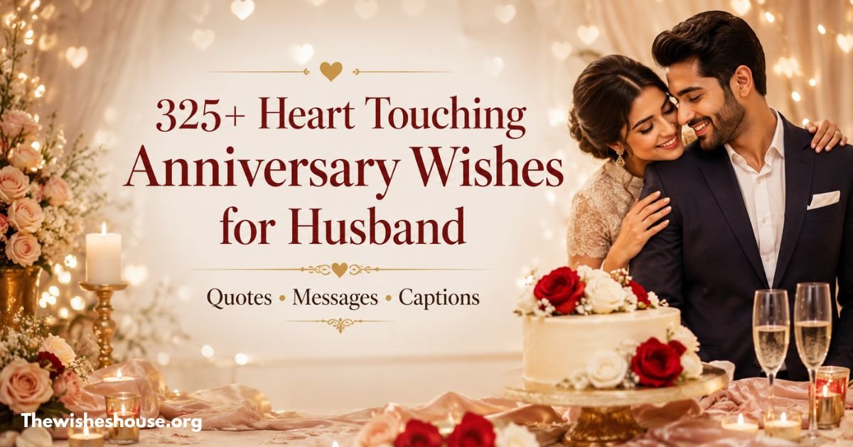 325+ Heart Touching Anniversary Wishes for Husband featured image with a romantic couple celebrating their wedding anniversary