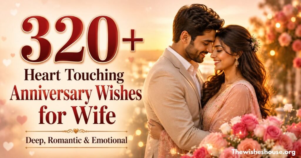 320+ heart touching anniversary wishes for wife thumbnail featuring a romantic married couple.