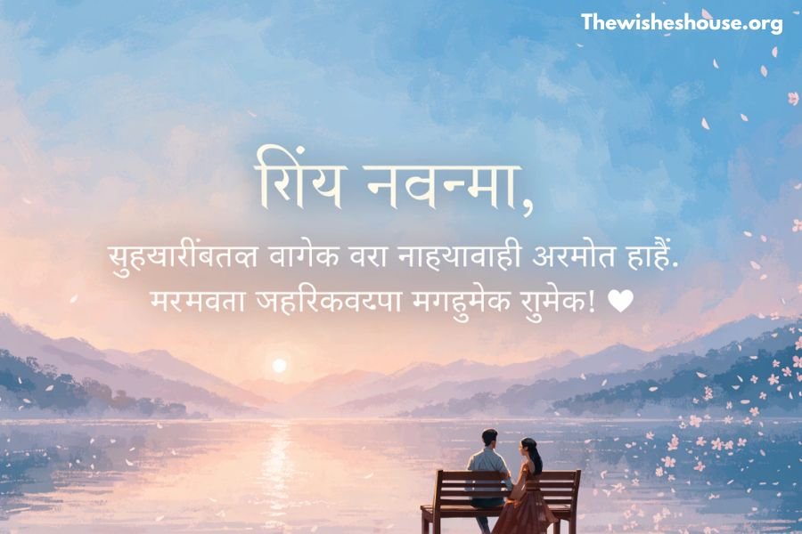 Heart Touching Marriage Anniversary Wishes in Marathi for Husband with a romantic sunrise background and emotional Marathi wish.