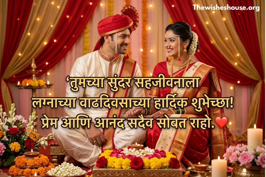 Lovely Couple Marriage Anniversary Wishes in Marathi image with a romantic Marathi anniversary wish for couples.