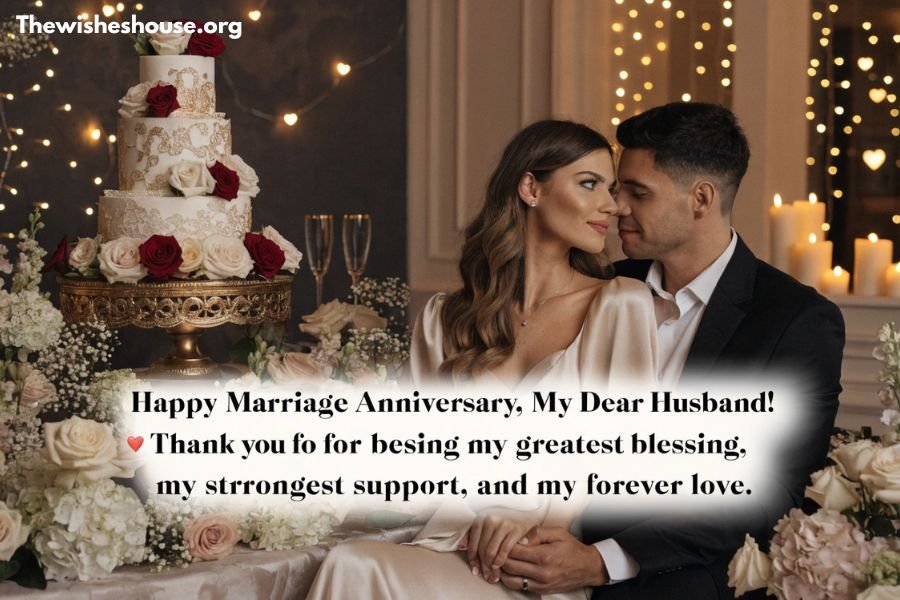 Marriage Anniversary Wishes for Husband Marriage Anniversary Wishes for Husband image featuring a romantic couple celebrating their marriage anniversary
