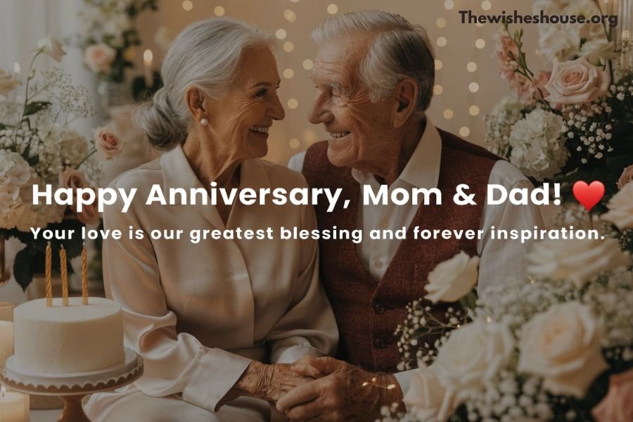 Happy marriage anniversary wish for parents with a loving elderly couple celebrating together