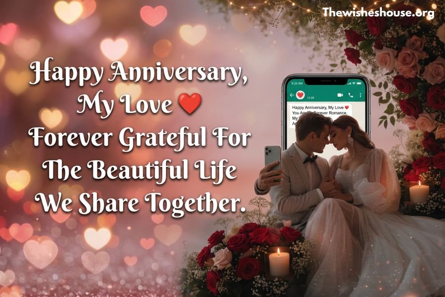 Marriage anniversary wishes for wife WhatsApp status with romantic quote and happy couple celebration.